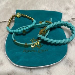 Rustic Cuff bracelet set of 3. Turquoise and Gold. One buckles. 2 are elastic.